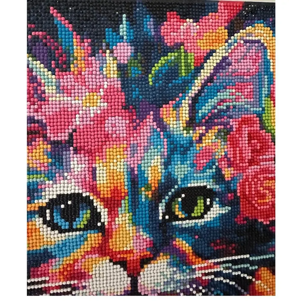 Completed Diamond Painting on Canvas Rainbow Colored Cat & Flowers